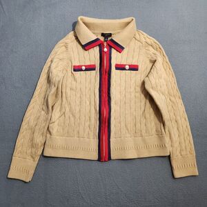 Talbots Women SP Brown Full Zip Tipped Cable Knit Cardigan Preppy Academia